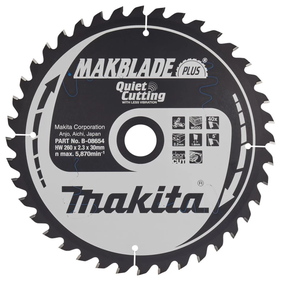 Makita Accessoires Lame De Scie Circulaire 260 Mm B-08654 Lame De Scie à Bois Makblade-Plus 260x30x2,3 40T 5g 3 Makita Accessoires Lame De Scie Circulaire 260 Mm B-08654 Lame De Scie à Bois Makblade-Plus 260x30x2,3 40T 5g